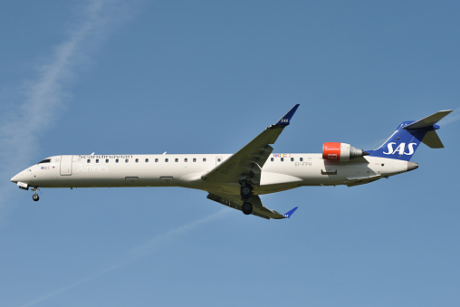 Vilnius, Lithuania - August 28: SAS Bombardier CRJ-909ER airplane on August 28, 2019 in Vilnius Lithuania