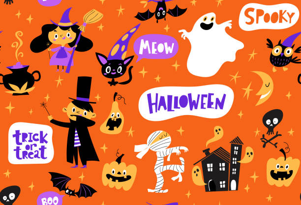 Patrón vectorial sin costuras para Halloween con divertidos personajes de dibujos animados. - ilustración de arte vectorial