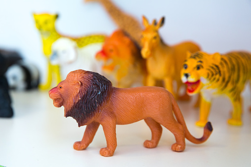 Brown Plastic Toy Lion on White Background . rubber lion on white background with clipping path