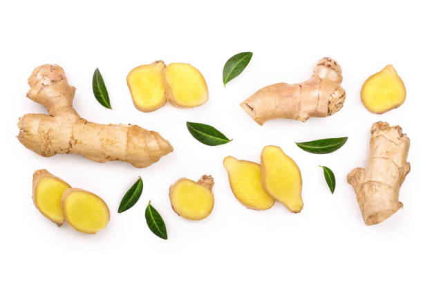istock fresh Ginger root and slice isolated on white background with copy space for your text. Top view. Flat lay 1170730358