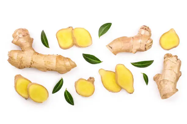 fresh Ginger root and slice isolated on white background with copy space for your text. Top view. Flat lay.