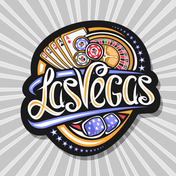 Vector sign for Las Vegas Vector sign for Las Vegas, dark decorative tag with illustration of four kind aces and roulette, sign board with original lettering for words las vegas and blue dice cubes on gray abstract background. las vegas stock illustrations