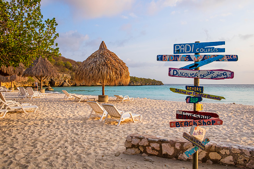 Signposts indicate that Cas Abao is the ideal spot for water sports, snorkelers and scuba divers. It is located in the west side of Curaçao, an island in the southern Caribbean Sea.