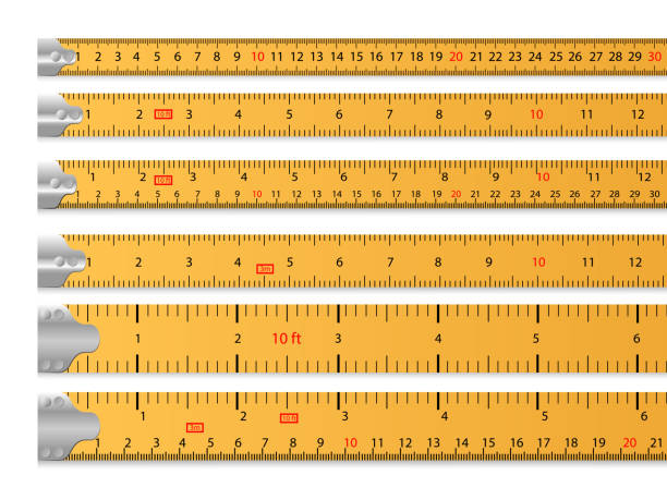 illustrazioni stock, clip art, cartoni animati e icone di tendenza di set di nastri di misura - tape measure ruler work tool inch