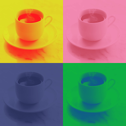 Colorful food collage with cup of espresso or americano coffee, square shape