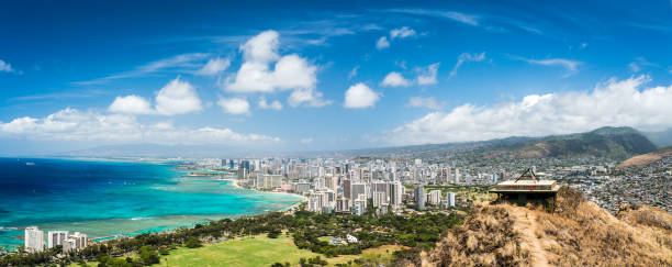 honolulu panorama - waikiki beach oahu, hawái estados unidos - hawaii islands oahu waikiki diamond head fotografías e imágenes de stock