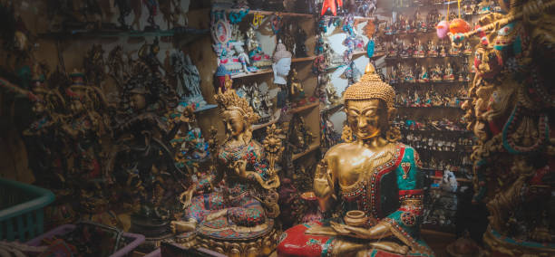Antique religious statues at a shop.