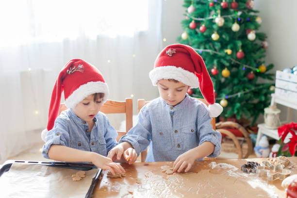 istock Two cute boys with santa hat, preparing cookies at home, Christmas tree 1170739917