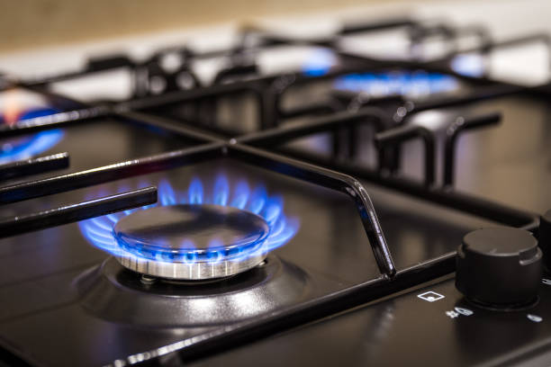 istock Blue flames on gas stove burner at home 1170740751