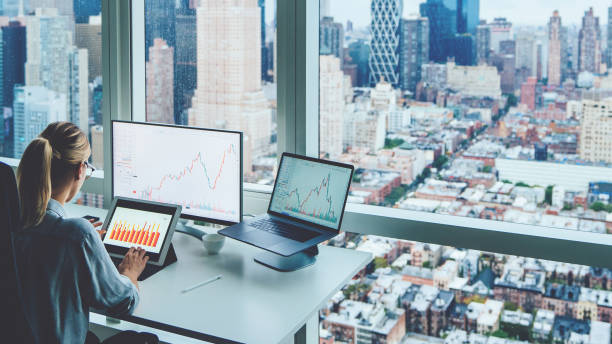 istock Back view of business woman sitting at panoramic skyscraper office desktop front PC computer with financial graphs and statistics on monitor.Analysis of digital market and investment in block chain 1170740952