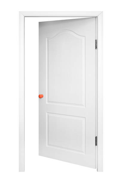 Furniture - White inside open door in the orange handle isolated on a white background.