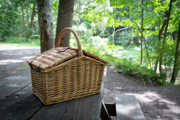 istock Wicker picnic basket on picnic table 1170742547