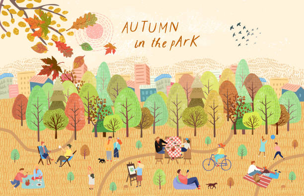 秋の公園の人々。自然の中でピクニックで休憩している人々のベクトルイラスト。バーベキュー、子供のゲーム、散歩と湖の近くの森の中で手でアクティブな家族の週末を描きます。 - 秋 イラスト点のイラスト素材／クリップアート素材／マンガ素材／アイコン素材
