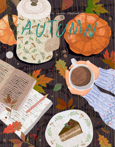 居心地の良い秋の背景。オブジェクトを持つテーブルのかわいいベクターイラスト:コーヒー、鉛筆付きノート、ティーポット、カボチャ、デザートと葉。ココアで手のトップビュー。 - falling autumn backgrounds retro revival点のイラスト素材／クリップアート素材／マンガ素材／アイコン素材