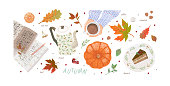 Hello, Autumn. Set of cute vector objects: woman's hands with a cup of tea or coffee, vintage teapot, tiramisu dessert plate, pumpkin and leaves. Illustrations for poster, background or card