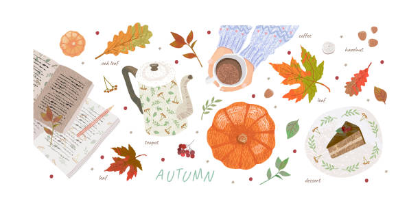 Hello, Autumn. Set of cute vector objects: woman's hands with a cup of tea or coffee, vintage teapot, tiramisu dessert plate, pumpkin and leaves. Illustrations for poster, background or card Hello, Autumn. Set of cute vector objects: woman's hands with a cup of tea or coffee, vintage teapot, tiramisu dessert plate, pumpkin and leaves. Illustrations for poster, background or card knitted pumpkin stock illustrations