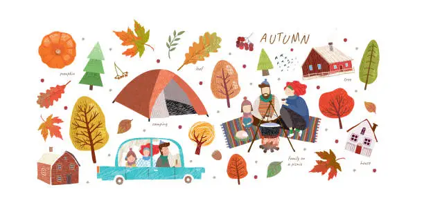 Vector illustration of Hello, Autumn. Set of cute vector objects on the autumn theme: happy family on a picnic, camping, trees, leaves, house, pumpkin, tent, travel. Illustrations for a card, poster or background.