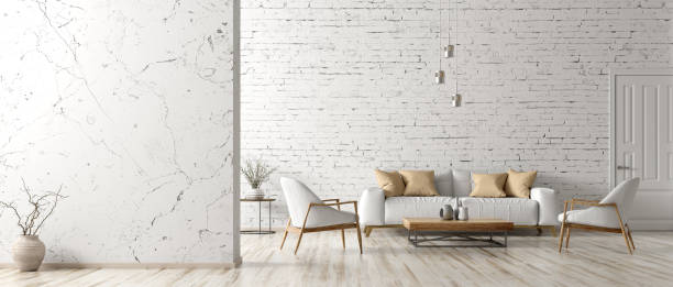 interior de la sala de estar con sofá blanco 3d renderizado - loft apartment fotografías e imágenes de stock