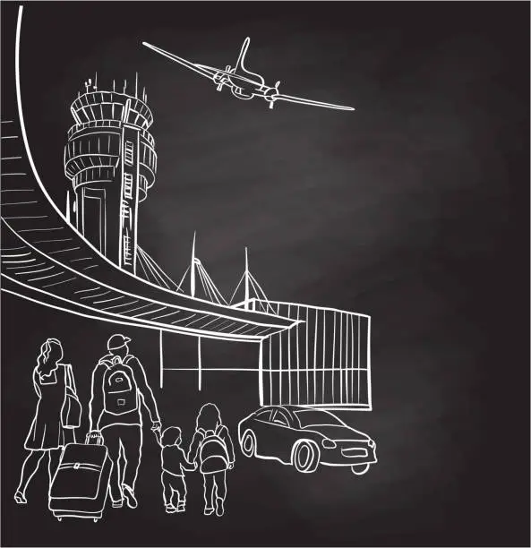 Vector illustration of Family Arriving At Airport Chalkboard