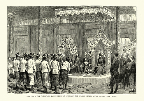 Vintage engraving of Lord Dufferin in Mandalay, Burma sitting on a throne. Frederick Temple Hamilton-Temple-Blackwood, 1st Marquess of Dufferin and Ava KP GCB GCSI GCMG GCIE PC (21 June 1826 – 12 February 1902) was a British public servant and prominent member of Victorian society, in 1884 he reached the pinnacle of his diplomatic career as eighth Viceroy of India.