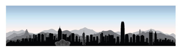 ilustrações de stock, clip art, desenhos animados e ícones de hong-kong city skyline with tourist attraction buildings and skyscrapers. travel chinese asia background - hong kong skyline panoramic china