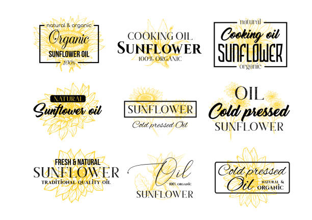 Sunflower Oil Logos Set, Technology Wildflower Logo Templates for Brabding Identty. Vector Isolated Flowers Sunflower Oil Logos Set, Technology Wildflower Logo Templates for Brabding Identty. Yellow and Black Vector Isolated Flowers Hand Drawings with Lettering and Frames helianthus stock illustrations