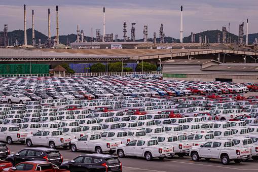 August 24, 2019 Thailand is the car production base of the leading companies  A lot of cars in Laem Chabang Port are waiting to be exported to foreign countries, Chonburi, Thailand