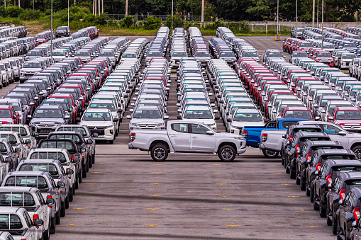 August 24, 2019 Thailand is the car production base of the leading companies  A lot of cars in Laem Chabang Port are waiting to be exported to foreign countries, Chonburi, Thailand