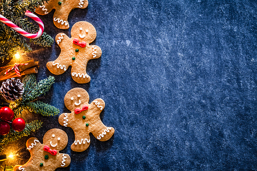 Top view of homemade gingerbread cookies and Christmas ornaments placed at the left of an horizontal abstract blue background making a frame and leaving a useful copy space for text and/or logo at the right. Predominant color are brown and blue. DSRL studio photo taken with Canon EOS 5D Mk II and Canon EF 100mm f/2.8L Macro IS USM