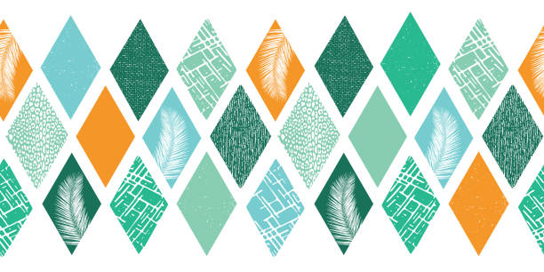 illustrazioni stock, clip art, cartoni animati e icone di tendenza di design astratto contemporaneo per uomo. le forme rombo si affacciano senza soluzione di continuità. motivo vettoriale in stile collage. moderna texture geometrica estiva tropicale. forme verde acqua blu arancione con foglia di palma, pelle animale - rombo