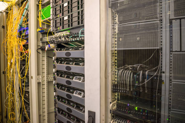 istock Racks with Internet communication equipment are in the data center server room. Hosting platform Internet provider. Concept of modern information technology. 1170762163