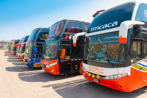 Cuzco Peru, buses parked in the main terminal of Cuzco ready to start a long travel to reach the main attractions of the country. Shoot on August 17, 2019