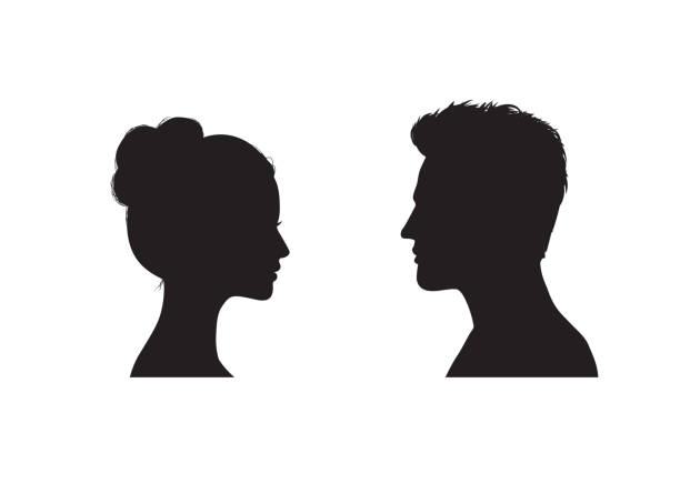 ilustraciones, imágenes clip art, dibujos animados e iconos de stock de pareja caras silueta. pareja frente a la otra. perfil romántico de jóvenes y mujeres. - camafeo