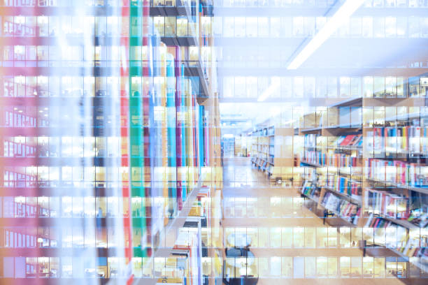 istock Abstract library bookshelf, reflection of office building, double exposure 1170763644