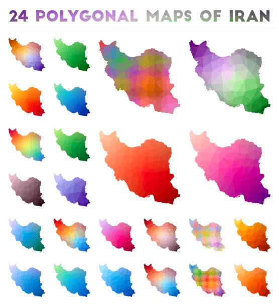 Set of vector polygonal maps of Iran. Set of vector polygonal maps of Iran. Bright gradient map of country in low poly style. Multicolored Iran map in geometric style for your infographics. iran university of science and technology stock illustrations