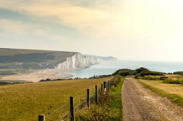 Summer view of the iconic chalk cliffs on the South Downs in East Sussex, England