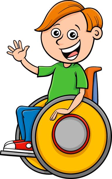 bildbanksillustrationer, clip art samt tecknat material och ikoner med tecknad funktionshindrade pojke karaktär på rullstol - disabled teen boy school