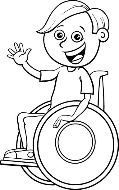bildbanksillustrationer, clip art samt tecknat material och ikoner med funktionshindrade pojke karaktär på rullstol färg bok - disabled teen boy school