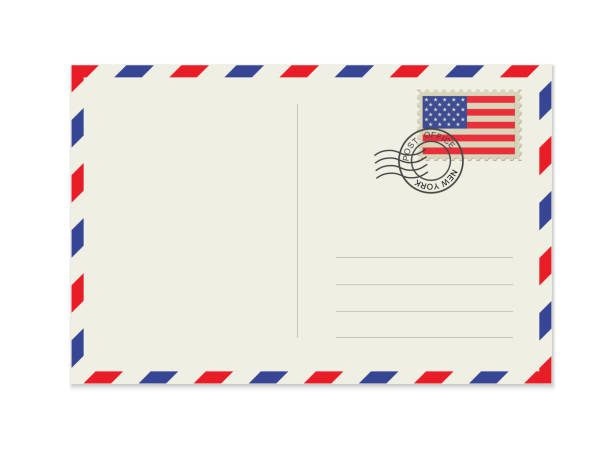 Blank post card with rubber stamp. Mockup realistic post card  and postage stamp with USA flag. vector art illustration