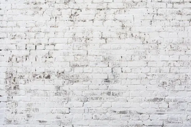 Empty Old Brick Wall Texture. Painted Distressed Wall Surface. Grungy White Brickwall. Shabby Building Facade With Damaged Plaster. Abstract Web Banner. Copy Space.
