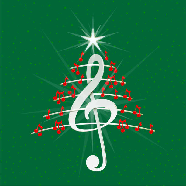 istock Christmas tree made of red musical notes, white treble clef and pentagram on green background with stars 1170768018