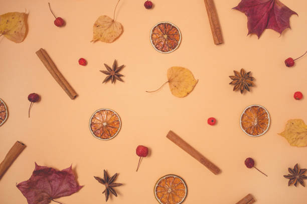istock Autumn pattern of leaves, spices and berries on pastel background. 1170768132