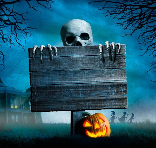 istock Skeleton Peeking Out From Behind Old Weathered Sign 1170770333