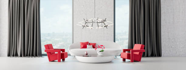 Modern Living room, interior design with concrete walls 3D Render