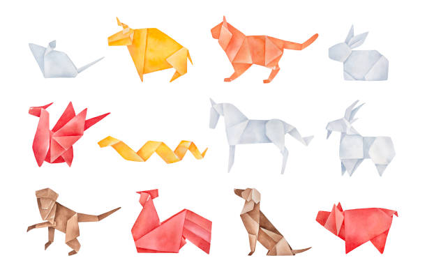 Folded origami pack of twelve traditional Chinese Zodiac Animals. Red, yellow, brown, orange, light gray colors. Hand drawn watercolour graphic drawing, cutout clip art elements for creative design. Hand drawn watercolor illustration. year of the ox stock illustrations