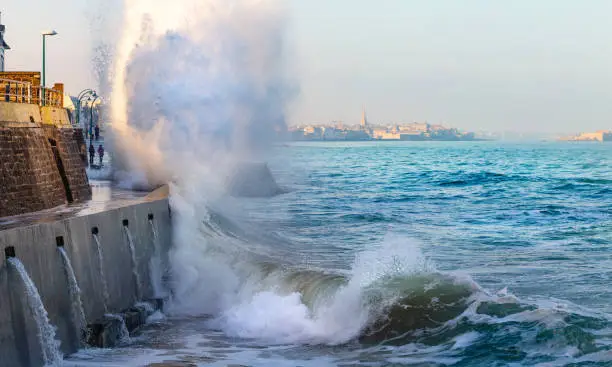 Big wave crushing during high tide in Saint-Malo , Brittany, France