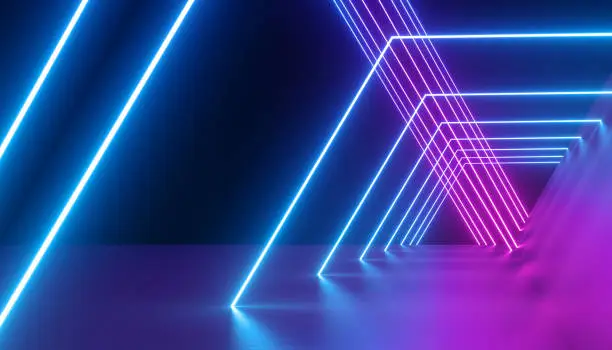 3d render, pink blue neon abstract background with glowing lines, polygonal shapes, ultraviolet light, laser show performance stage with floor reflection