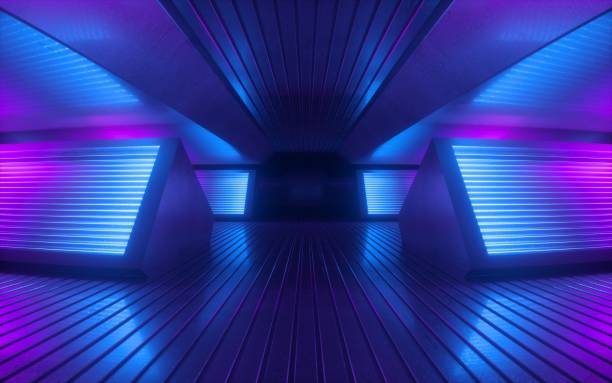 istock 3d render, blue pink neon light abstract background, night club empty room interior, tunnel or corridor, glowing panels, fashion podium, performance stage decorations, 1170778177
