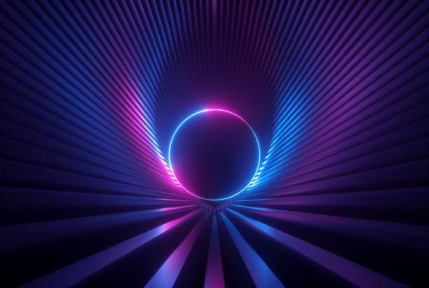 istock 3d render, pink blue neon abstract background with glowing ring shape, ultraviolet light, laser show performance stage with reflections, round blank frame 1170778187