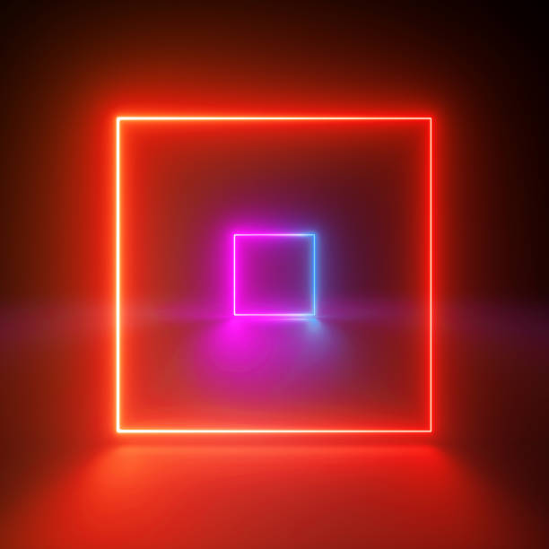 3d render, neon abstract background, red glowing lines, square shapes, ultraviolet light, laser rays